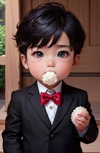 a toddler holding a rice ball close to his mouth、black suit、red short haired toddler