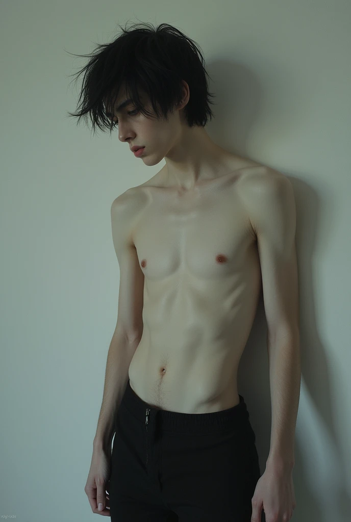 a skinny boy. He is white, very pale and has medium emo style hair. he is in a sensual position