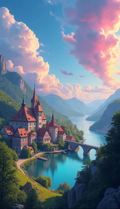 Fantasy art of looking down on the beautiful lake of Germany towns from above, many rainbow color clouds in blue sky