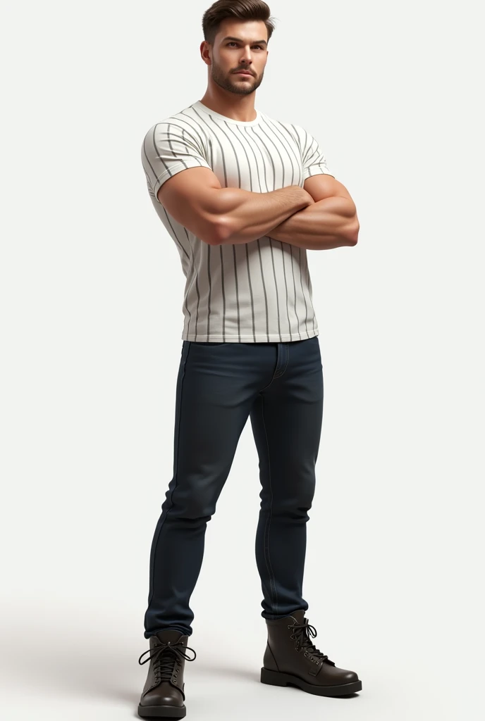 A young white man, arms crossed wearing jeans and a thick striped white t-shirt