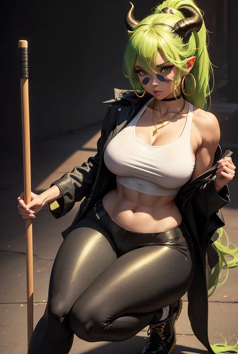 A 2 light skined woman who has a lean body build, with big breasts and hips and thicc thighs she has very attractive features and has a "mommy" type vibe. She has long black hair has long, that is bound between by 2 green rods into a ponytail at the back, ...