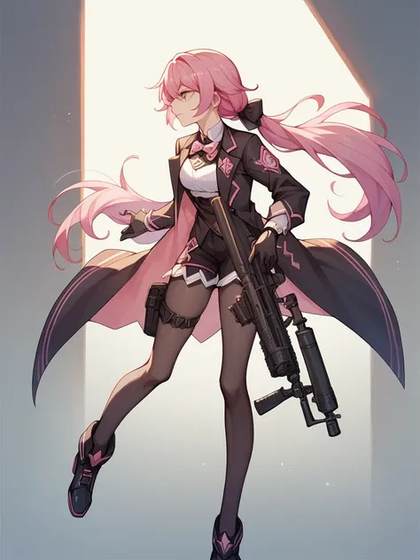 score_9, score_8_up, score_7_up, score_6_up, score_5_up,    raichiyo33, 1girl,
Kafka, honkai star rail, pink hair, game, Submachine gun, Black pink suit