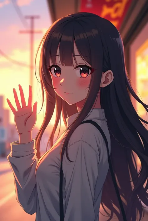 masterpiece, Highest quality, 8k, Extremely dense CG, Fully focused, One girl，Long Hair, Gaze, smile, Wave your right hand、In front of the convenience store、anime、whole body、early morning、