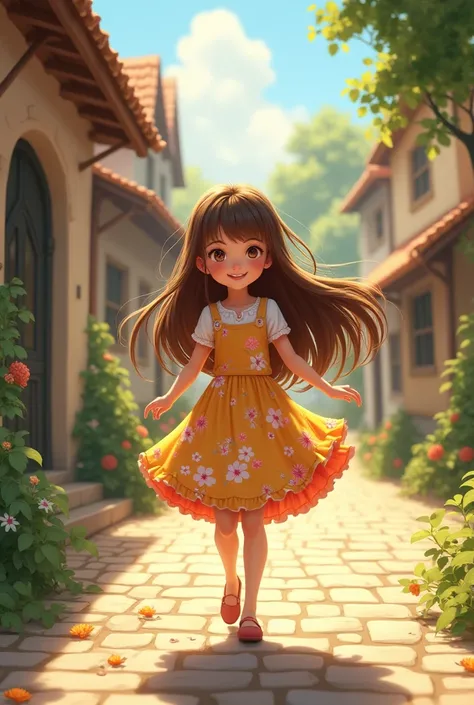 A cheerful girl, dressed in a flowery dress long brown hair, she is walking down the street of the small village 
