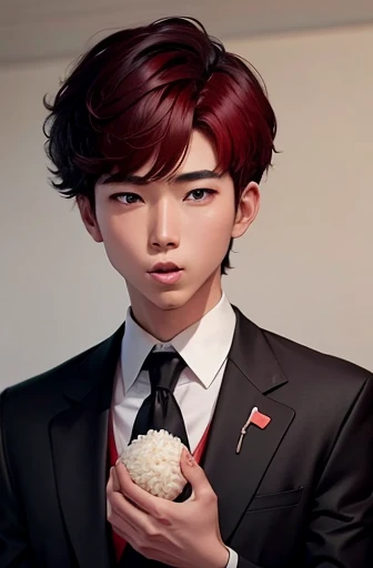 boy eating rice balls、black suit、red short-haired