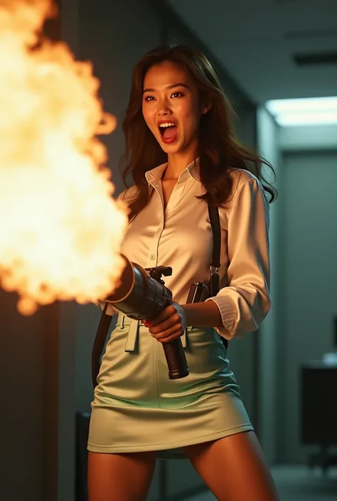 front person view realistic beautiful korean office lady in satin white shirt and mint satin tight short mini skirt facial expression war cry shouting scream standing upright stance legs wide spread open full portrait dual hand holding a very long flame th...