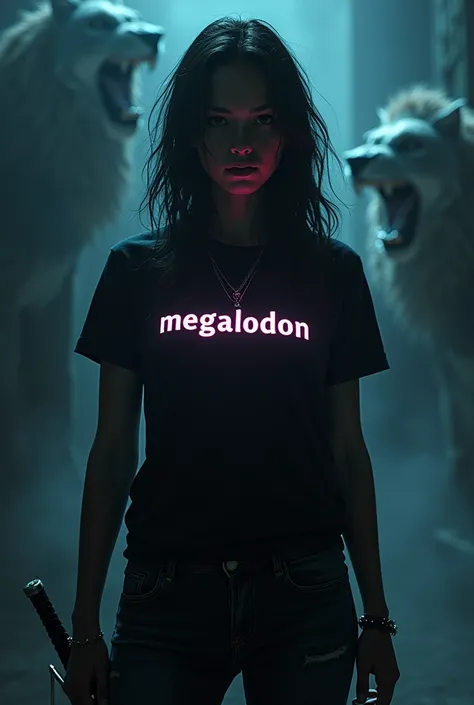 create high quality realistic images, a beautiful curve  Girl wearing a black t-shirt with his name “MEGALODON” written boldly with a neon effect, the girl holds a samurai in his hand, the background is very dark, where the aggressive images of dragons and...