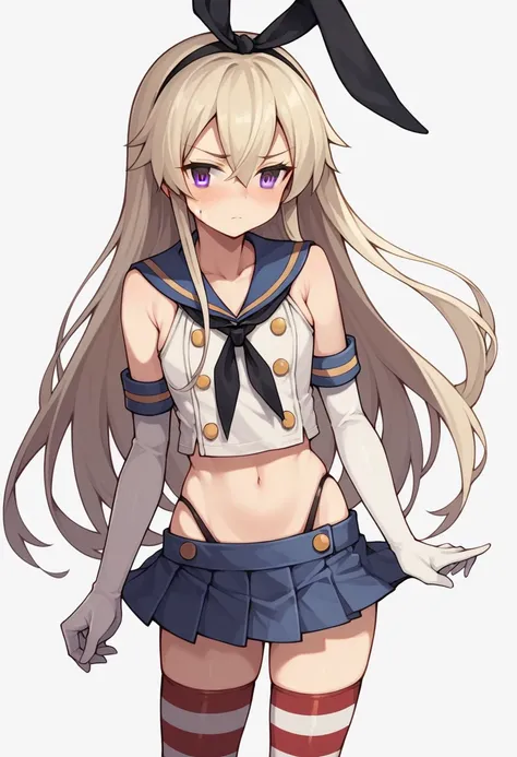 shimakaze (kancolle), 1girl, solo, long hair, blush, simple background, blonde hair, white background, navel, hair between eyes, closed mouth, underwear, school uniform, pleated skirt, sleeveless, serafuku, elbow gloves, white gloves, miniskirt, striped cl...