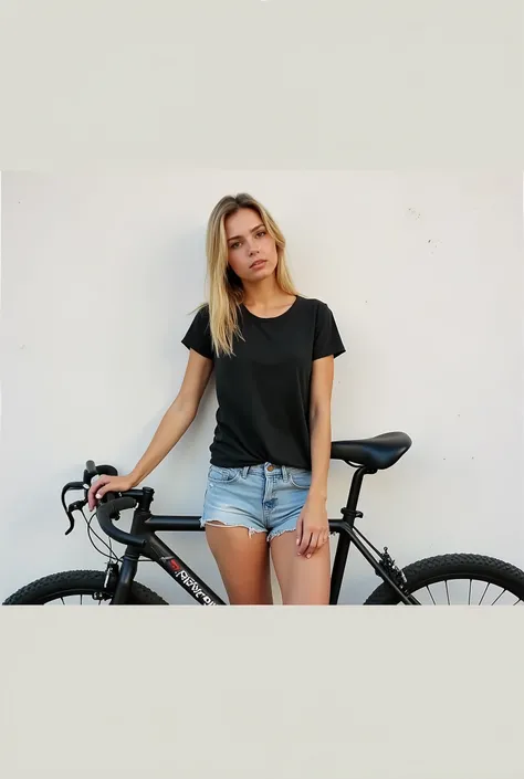 mulher jovem parada ao lado de uma bike encostada na parede, Anna Nikonova aka Newmilky, dasha taran, wearing shorts and t-shirt, dressed in top and shorts, bike, Aleksandra Waliszewska, Retrato de Sophie Mudd, Madalena more often, photo of a motorcyclist,...