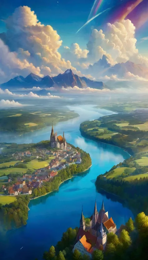 Fantasy art of looking down on the beautiful lake of Germany towns from above, many rainbow color clouds in blue sky