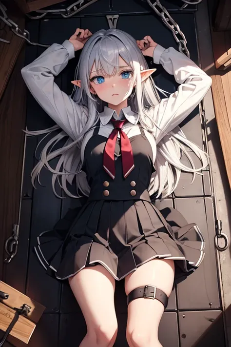 Elf, Silver Hair, In the torture chamber, Lying on an iron bed and crucified, school uniform, skirt, White Shirt,  Open your mouth, Raise your hands,  Crying face, Put big handcuffs with chains on your wrists, Spread your legs