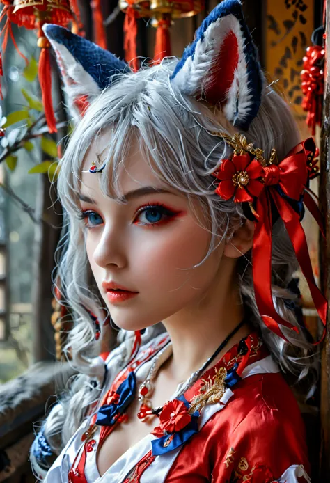 Highest quality　masterpiece　High resolution　One person　Fox Ears　Silver Hair　Crimson Eyes　Bell Accessories　small blue ribbon　Shrine maiden costume　Softly flared hem　(Large Breasts)　Provocative look　Alluring physique　shrine