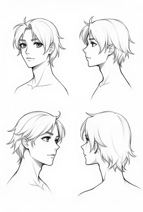 I want a character reference of a Young man with his hair down and with different face angles like front , back and side . Please just a simple one and a sketch only 