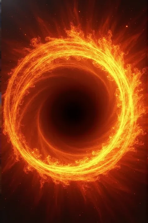 a spiral of fire in the middle of a black hole with a red background and a black circle in the center, Benoit B. Mandelbrot, space art, spirals, a raytraced image