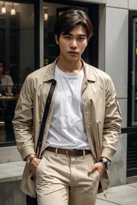 cmasterpiece, Best quality, realistic, a handsome Thai-Korean guy, aged 20-25, wearing a trendy fashion jacket over a plain white T-shirt. The jacket should be stylish and modern, complementing the casual yet fashionable look of the outfit, wearing a promi...