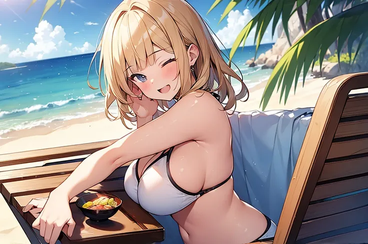 (Masterpiece, Top quality:1.5), nsfw, (1 beautiful girl, solo:1.2), sitting on deckchair, (short height:1.3), (bikini:1.3),Blonde hair:1.1, medium Hair, wavy Hair, blunt bangs, silky hair ,large breasts:1.3, smile:1.3, blush:1.2, wink, one eye closed, beau...