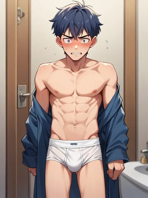 Anime, In the morning bath room, 20 years old young slender and mascular man in his tighty whities. White briefs. He looks ashamed of himself and embarrassed. Anime 