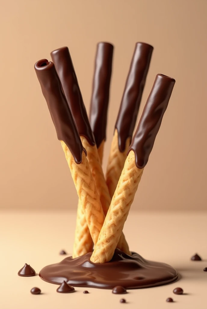 Wafer straws with chocolate syrup dripping on them