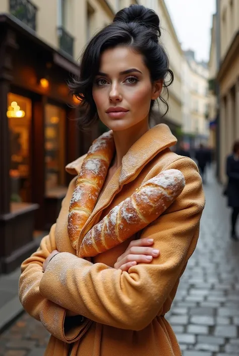 Relistic middle-aged black haired french woman made of  BAGUETTE AND CROISSANTS 