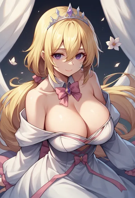 1girl, solo, long hair, looking at viewer, smile, large breasts, blonde hair, long sleeves, ribbon, hair between eyes, closed mouth, cleavage, jewelry, bare shoulders, purple eyes, collarbone, flower, bowtie, white dress, off shoulder, detached collar, cro...