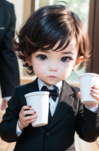 A toddler in a black suit with short red hair holds a cup