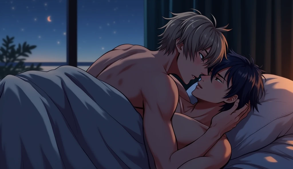 Two anime-style gay male characters are cuddling under a soft, thick blanket in a dimly lit room. The night sky outside casts a subtle glow through a nearby window, creating an atmosphere of mystery and intimacy. One man lies on his back, his bare chest pa...