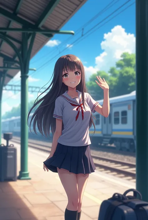 masterpiece, Highest quality, 8k, Extremely dense CG, Fully focused, One high school girl，Long Hair, Gaze, smile, Wave your right hand、Station platform、anime、whole body、Daytime