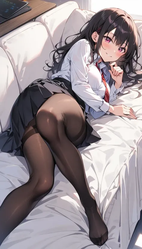 beauty　smile　Embarrassed　blush　tits　officeレディ　White shirt　Tight Skirt　pantyhose　underwear　Leg spread　Lying down　sofa　office