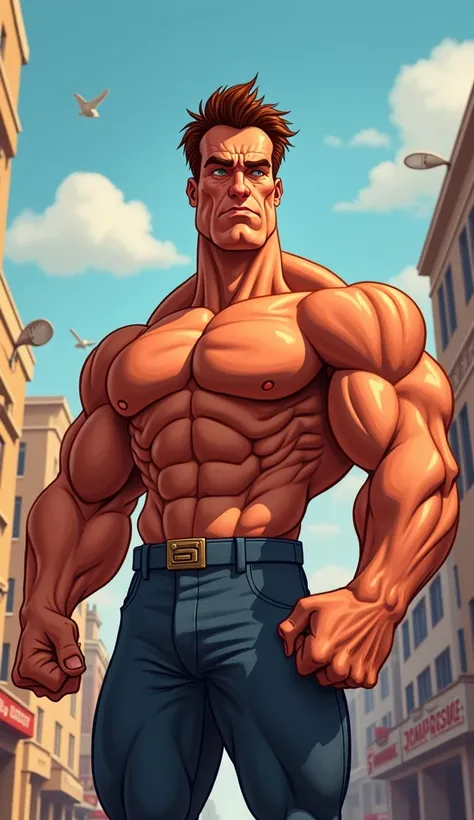 Create a Pixar-style illustration of actor Arnold Schwarzenegger. He must be represented with cartoonish and expressive characteristics typical of the Pixar style., with a muscular and imposing appearance, but with a fun and friendly touch. Arnold must be ...