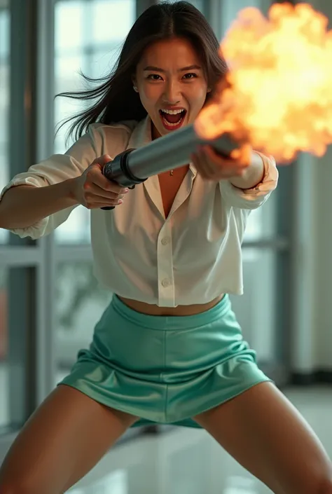 front person view realistic beautiful korean office lady in satin white shirt and mint satin tight short mini skirt facial expression war cry shouting scream standing legs wide spread open hands holding a very long flame thrower high pressure long pipe bar...