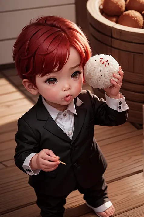 a toddler in a black suit and short red hair eats rice balls