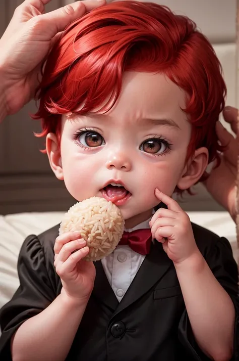 a toddler in a black suit and short red hair eats rice balls