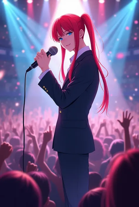 A young South Korean idol with long red hair, trapped in two pigtails. His skin is pale and his body is thin and straight., your eyes are bright blue. She stands on a stage full of fans with a happy face while holding tightly to her microphone.