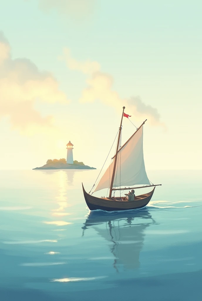 A little boat in a calm ocean, guided by the light of a lighthouse. The image must be visually appealing, with an artistic style that conveys calm and depth. In soft watercolor or illustrations with delicate details 