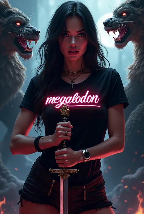 create high quality realistic images, a beautiful  Girl wearing a black t-shirt with his name “MEGALODON” written boldly with a neon effect, beautiful milf body, big breast, the girl holds a samurai in his hand, the background is very dark, where the aggre...