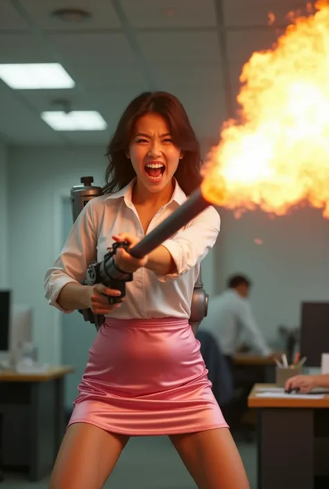 front person view realistic beautiful korean office lady in satin white shirt and pink satin tight short mini skirt facial expression war cry shouting scream standing legs wide spread open hands holding a very long flame thrower high pressure long pipe bar...