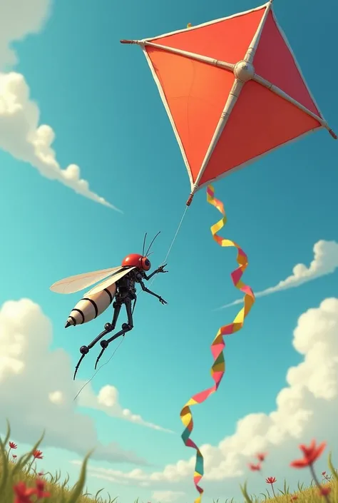 A robotic  with white border and a casual shape mosquito fly in sky and try to catch a kite with the help of their mouth and mosquito in red and white and black colour and the kite is very big and it tell is also very long in 7 colours
