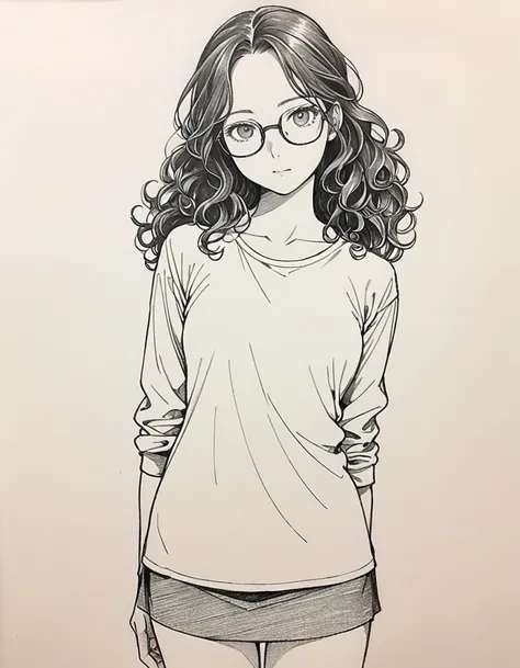 1 female, 30-year-old, alone, thin, slender, small breasts!!!, Loose curly hair, Bedhead, Forehead, thin, slender, (((glasses))), long sleeve T-shirt, Skinny skirt, Are standing, art, black and white, line art, pencil drawing, draft, White background