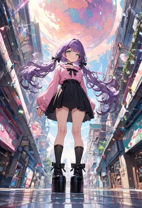 
masterpiece, best quality, ultra detailed, hyper detailed,

insanely detailed, exquisite, beautiful, absurdres, 16K,

a girl, smiling, standing, looking at viewer, blunt cut, low twintails,

purple hair, green eyes, with sparkling eyes, droopy eyes, tarem...