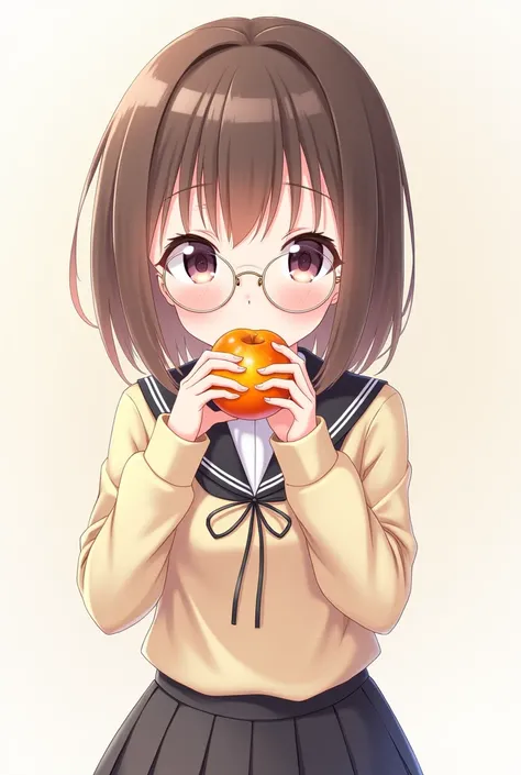 Anime girl, cute, wearing glasses, wearing a school uniform, eating fruit, blank background