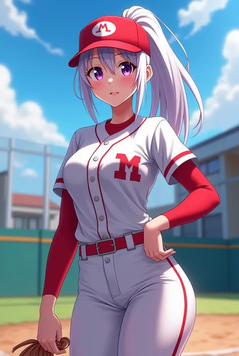 HD、Animation style、white hair 、Purple Eyes、girl、High school student 、single ponytail、Baseball player、light colored clothes、Long sleeve red underwear、plump breasts