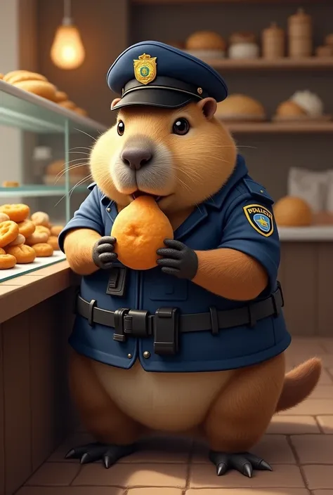 create an image of a capybara wearing the beret and bulletproof vest of the Brazilian police eating coxinha standing at the bakery counter