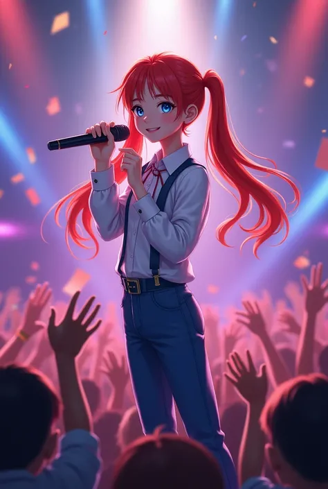 A young South Korean idol with long red hair, trapped in two pigtails. His skin is pale and his body is thin and straight., your eyes are bright blue. She stands on a stage full of fans with a happy face while holding tightly to her microphone.