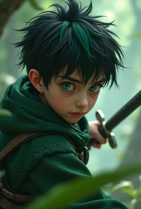 A boy has black ang green hair green eyes green cloth have a sword like assassin 
