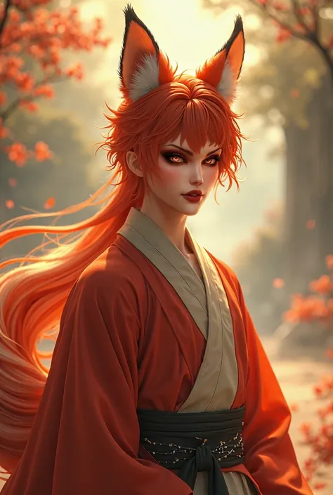 crossdressing, tsurime, orange eyes, fox_ears, fox_tail, red_hair, long_hair, hanfu, 1boy, best quality, 4k, 8k, highres, masterpiece:1.2, ultra-detailed, realistic, photorealistic:1.37, HDR, UHD, studio_lighting, ultra-fine_painting, sharp_focus, physical...