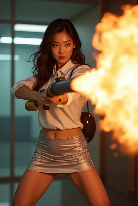 front person view realistic beautiful korean office lady in satin white shirt and silver satin tight short mini skirt facial expression war cry shouting scream standing legs wide spread open hands holding a very long flame thrower high pressure long pipe b...