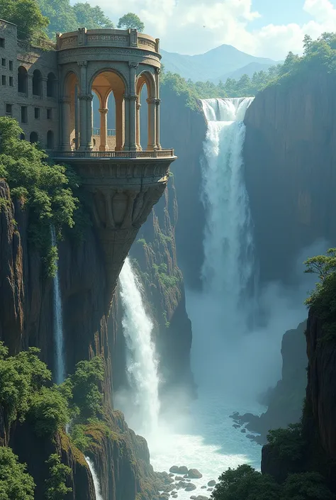 Cliff overlooking the waterfall, There are several arched stones on the top, Matte painting 8k, Matte paint 8K, Vertical wallpaper 8K, Vertical wallpaper 8K, Vertical wallpaper 4K, Vertical wallpaper 4K, Lost Series, realistic fantasy rendering, 8K resolut...