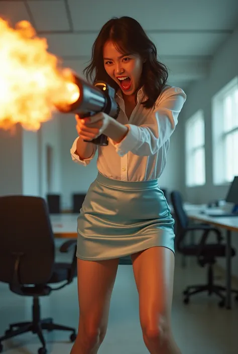 front person view realistic beautiful korean office lady in satin white shirt and light blue satin tight short mini skirt facial expression war cry shouting scream standing legs wide spread open hands holding a very long flame thrower high pressure long pi...