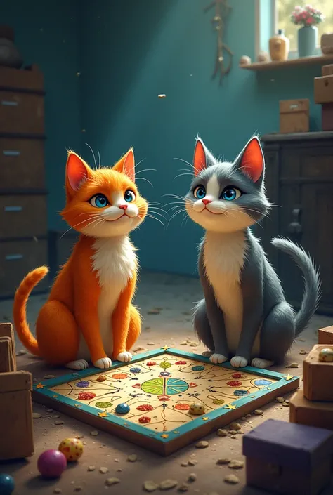 make an escene with this context with cats: Following the path, they found themselves back at the attic, the board game lying in the center, now dull and lifeless. The jungle, the forest, and the challenges had all disappeared.

*Furry:* "We’re back! That ...