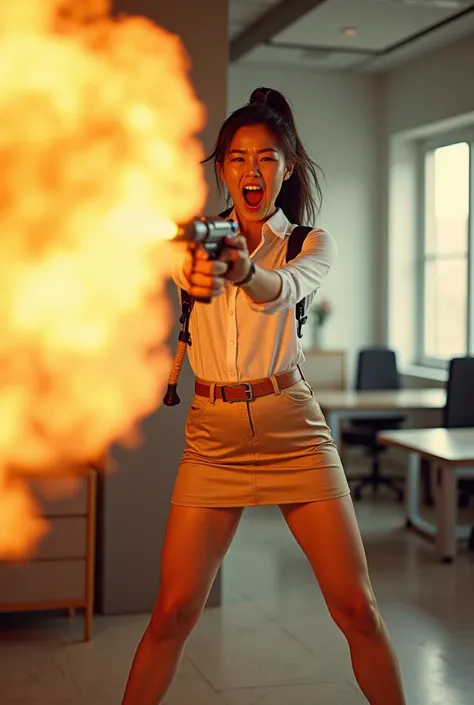 front person view realistic beautiful korean office lady in satin white shirt and sand satin tight short mini skirt facial expression war cry shouting scream standing legs wide spread open hands holding a very long flame thrower high pressure long pipe bar...